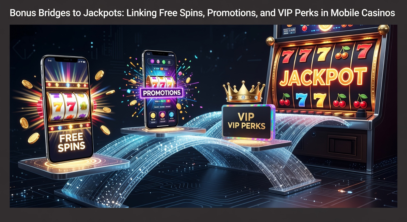 Mobile casino screen showing cascading free spins and jackpot symbols linking to promotional banners and VIP tiers