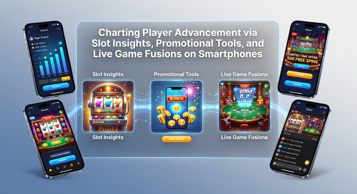 Smartphone screen displaying slot game analytics dashboard with progress indicators and promotional banners