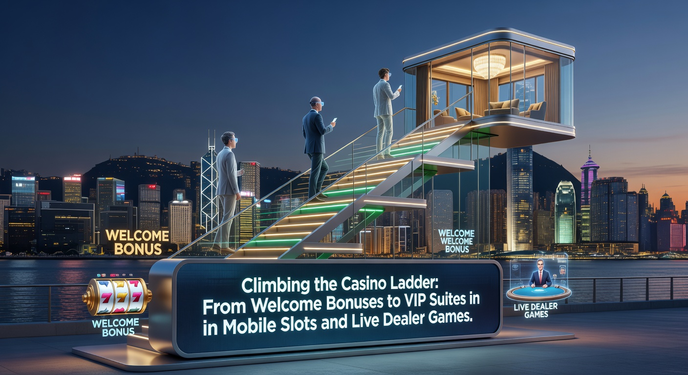 Digital ladder ascending through glowing casino tiers, from bonus spins to elite VIP lounges on a mobile screen
