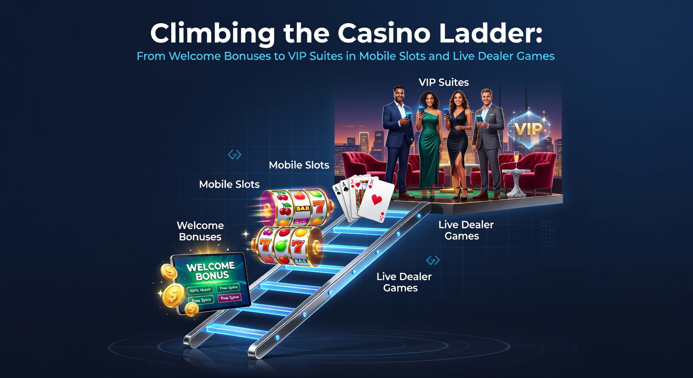 Live dealer at a high-stakes table on a smartphone, surrounded by VIP suite icons and ascending tier badges