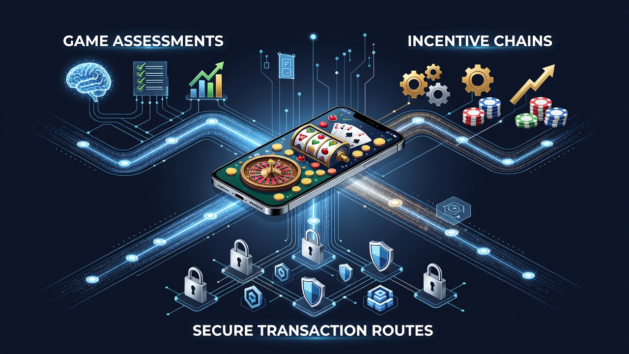 Smartphone displaying casino game interface with assessment metrics and secure payment icons overlaid