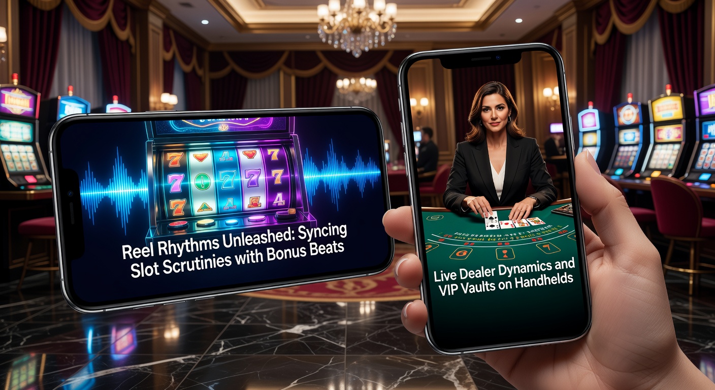 Vibrant mobile screen displaying rhythmic slot reels syncing with bonus animations and live dealer feeds